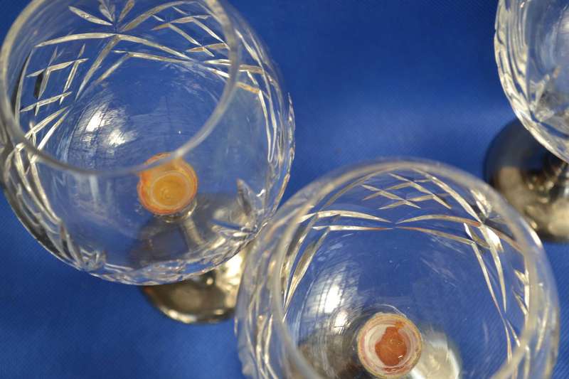 Cut Crystal Wine Glasses with Silver Plate Stem and Base x 5