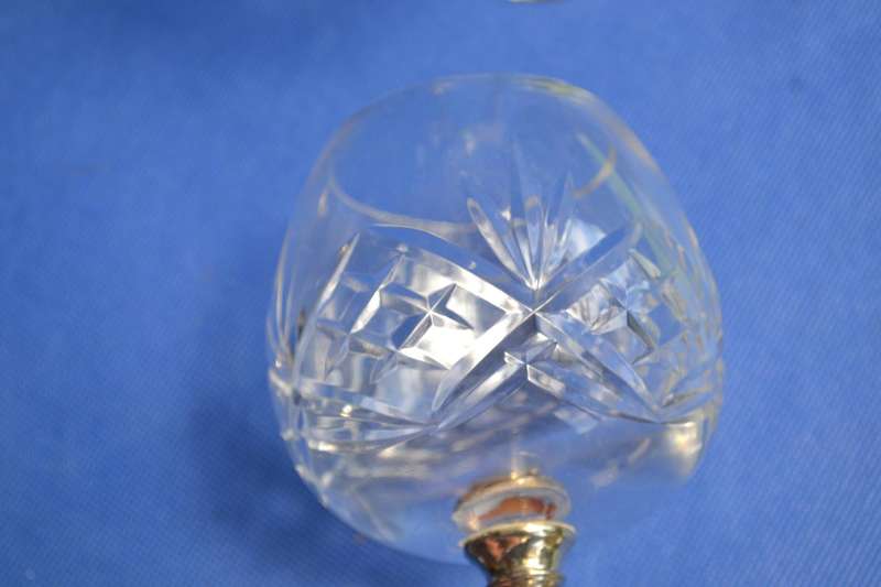 Cut Crystal Wine Glasses with Silver Plate Stem and Base x 5