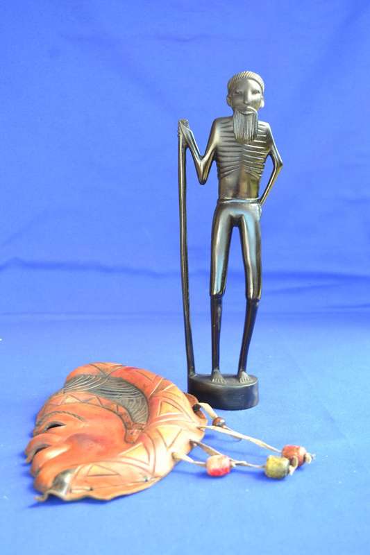 Carved Wooden Figure & Leather Mask /  Wall Hanging