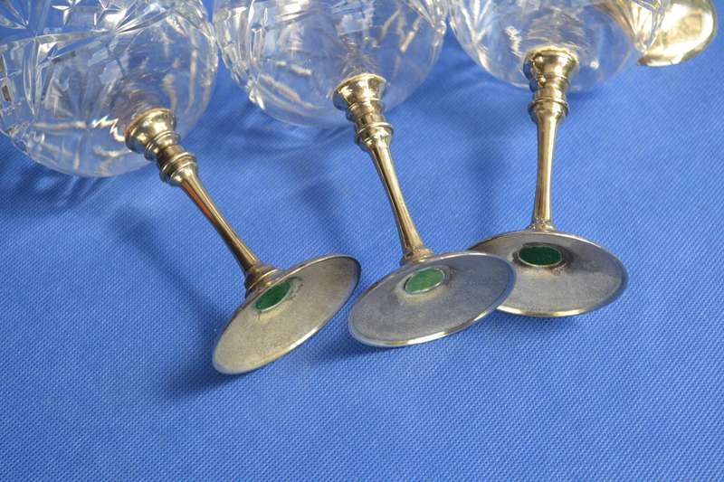 Cut Crystal Wine Glasses with Silver Plate Stem and Base x 5