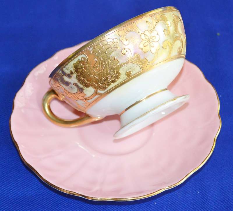 Nippon Hand Painted Gold on White Cup and Aynsley Saucer with 25kt Gold Plated Spoon - Vintage