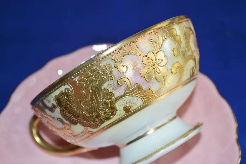 Nippon Hand Painted Gold on White Cup and Aynsley Saucer with 25kt Gold Plated Spoon - Vintage