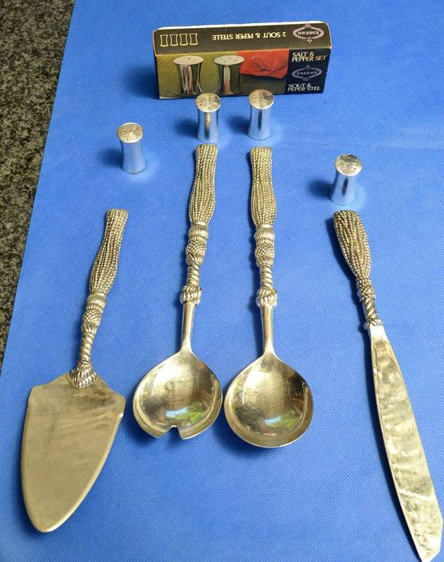 Vintage Silea Silver Plate salad Serving Set, Cake Knife and Lifter & salt and Pepper Shakers