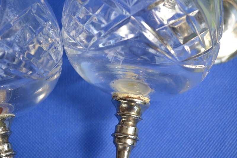 Cut Crystal Wine Glasses with Silver Plate Stem and Base x 5