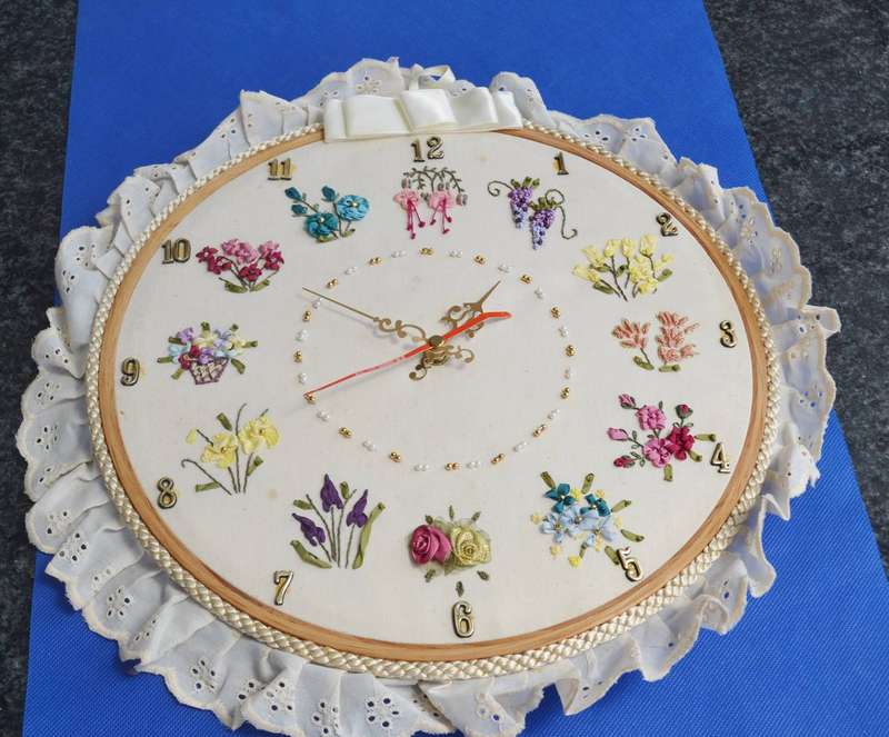 Unique Vintage  Embroidered Wall Clock