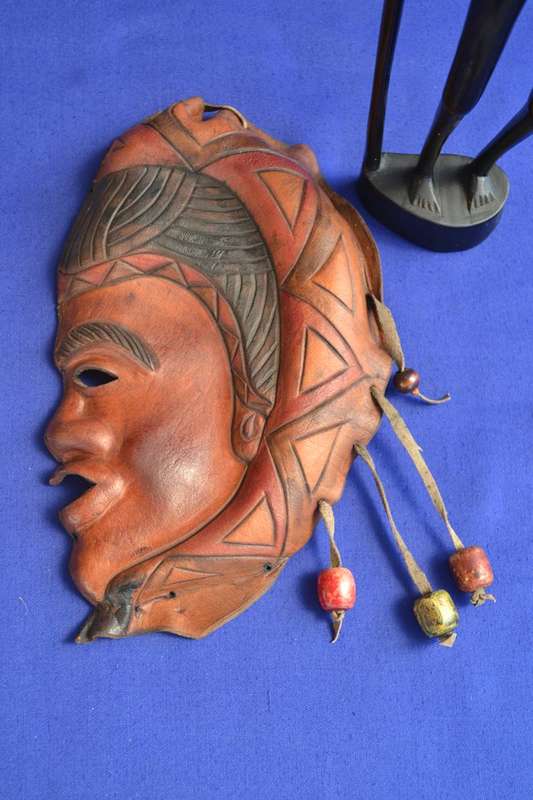 Carved Wooden Figure & Leather Mask /  Wall Hanging