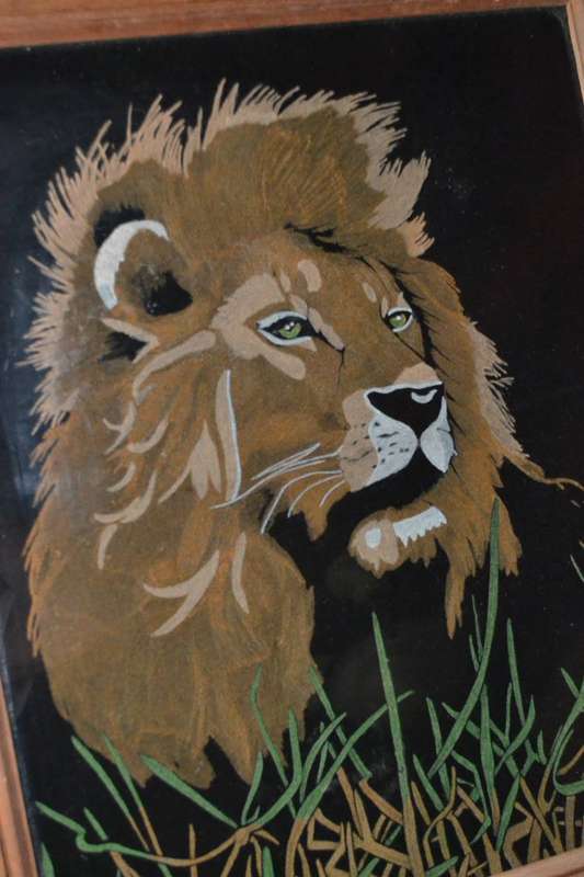 Vintage Hobby Tex Lion Painting- Framed behind glass