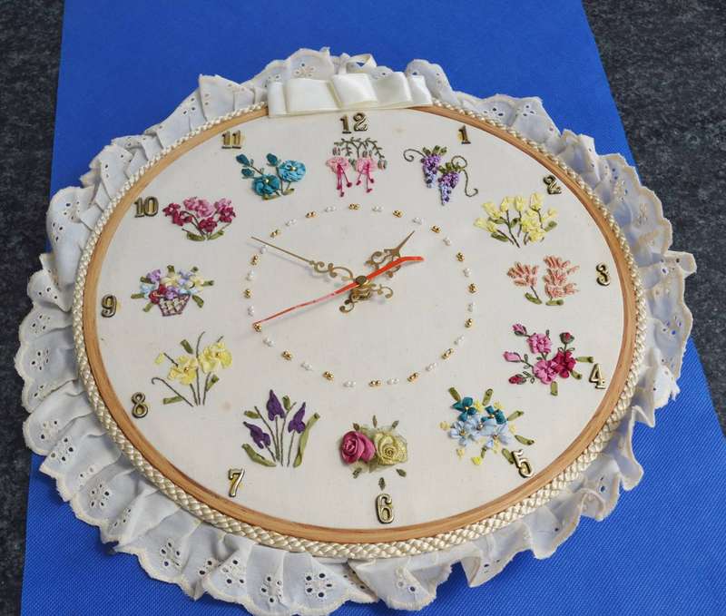 Unique Vintage  Embroidered Wall Clock