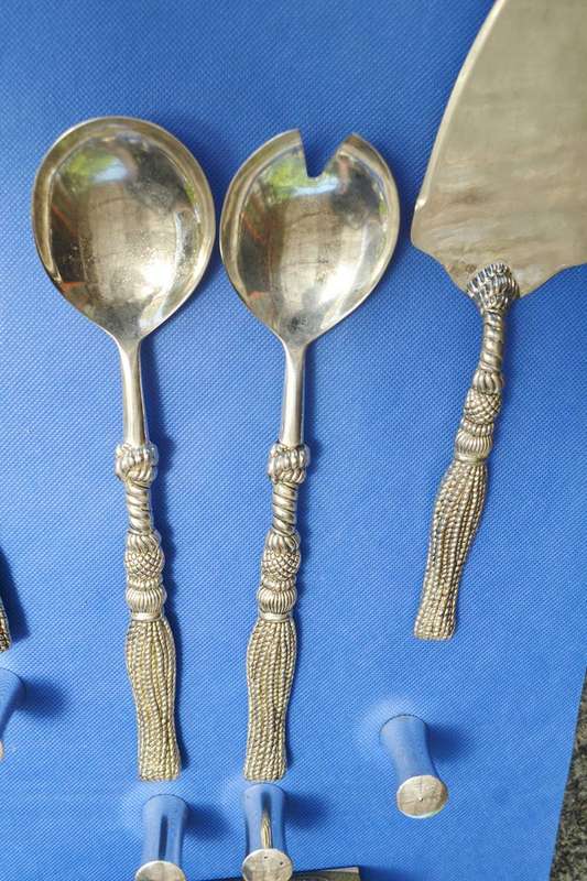 Vintage Silea Silver Plate salad Serving Set, Cake Knife and Lifter & salt and Pepper Shakers
