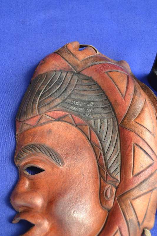 Carved Wooden Figure & Leather Mask /  Wall Hanging