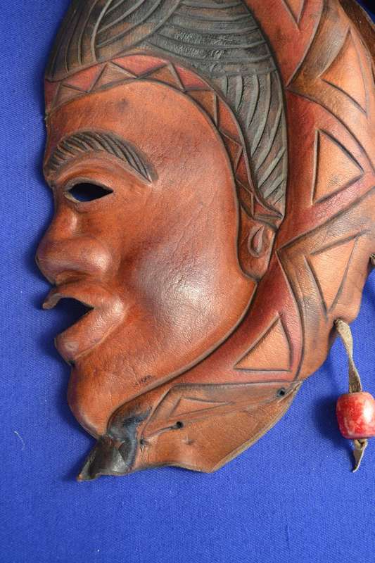 Carved Wooden Figure & Leather Mask /  Wall Hanging