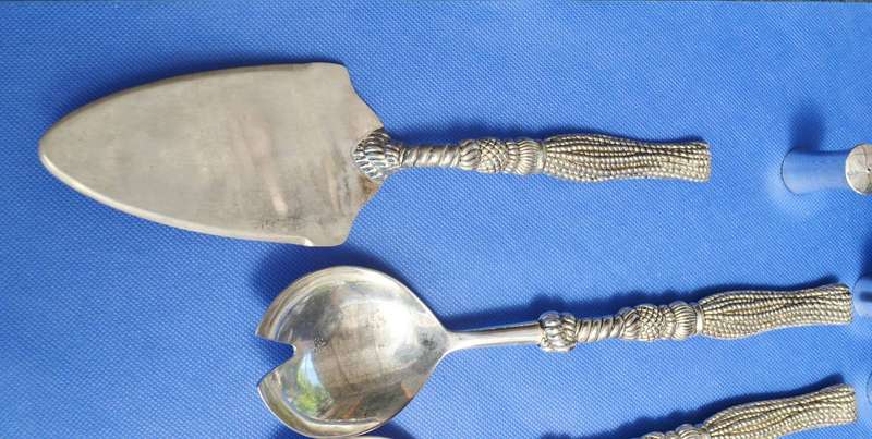 Vintage Silea Silver Plate salad Serving Set, Cake Knife and Lifter & salt and Pepper Shakers
