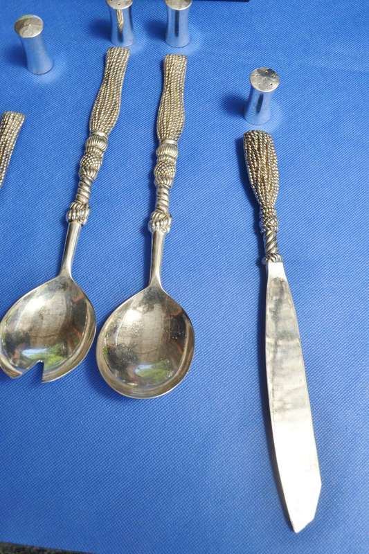 Vintage Silea Silver Plate salad Serving Set, Cake Knife and Lifter & salt and Pepper Shakers