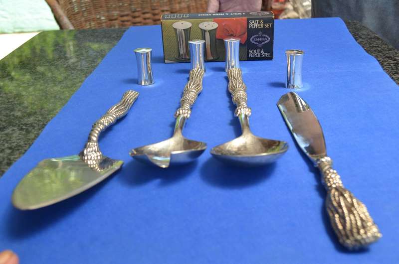 Vintage Silea Silver Plate salad Serving Set, Cake Knife and Lifter & salt and Pepper Shakers