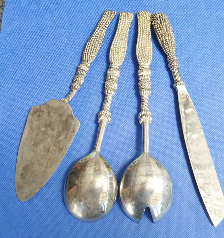 Vintage Silea Silver Plate salad Serving Set, Cake Knife and Lifter & salt and Pepper Shakers