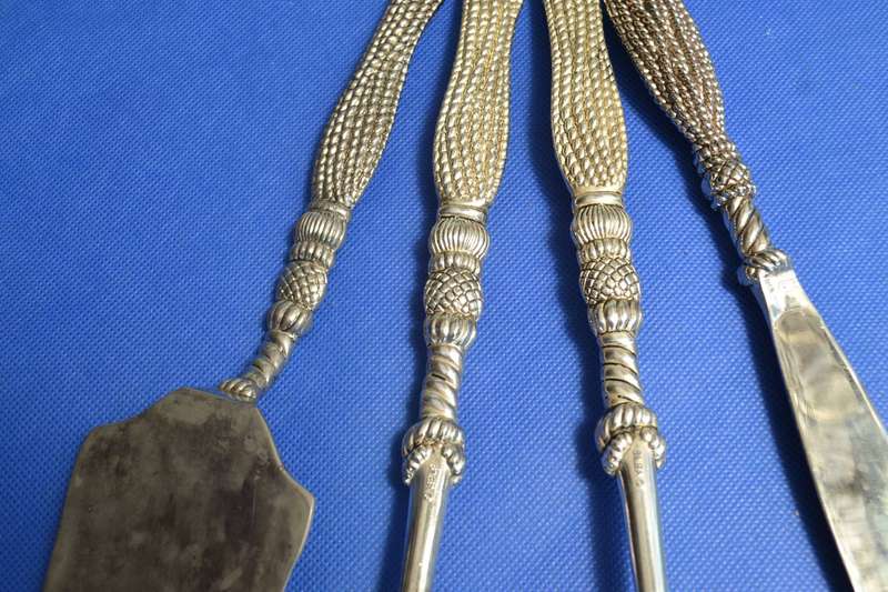 Vintage Silea Silver Plate salad Serving Set, Cake Knife and Lifter & salt and Pepper Shakers