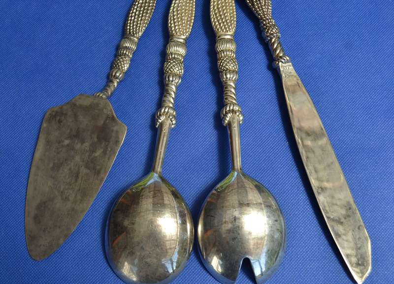 Vintage Silea Silver Plate salad Serving Set, Cake Knife and Lifter & salt and Pepper Shakers