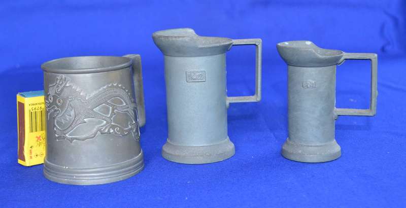 Vintage Set of Two Peltrato 95% Italian Pewter Measuring Cups and Oriental Dragon Pewter Mug