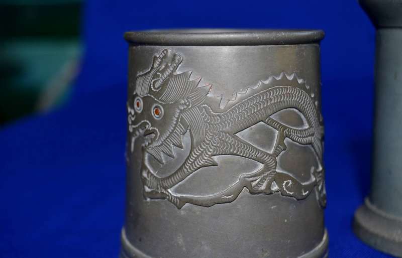 Vintage Set of Two Peltrato 95% Italian Pewter Measuring Cups and Oriental Dragon Pewter Mug