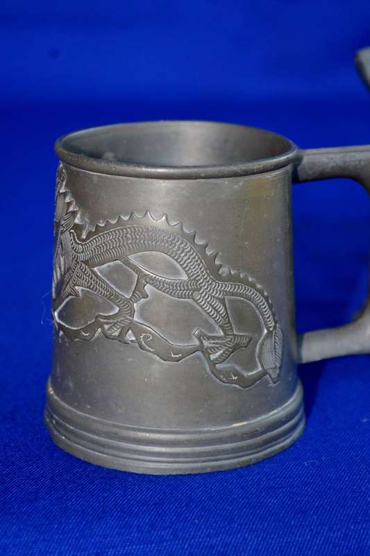 Vintage Set of Two Peltrato 95% Italian Pewter Measuring Cups and Oriental Dragon Pewter Mug