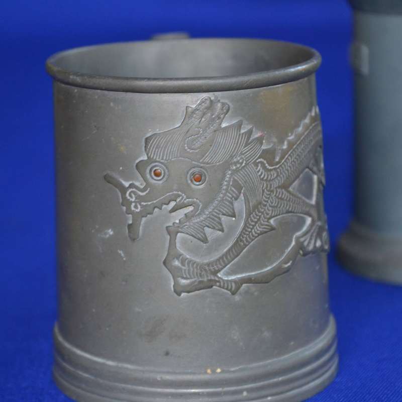 Vintage Set of Two Peltrato 95% Italian Pewter Measuring Cups and Oriental Dragon Pewter Mug