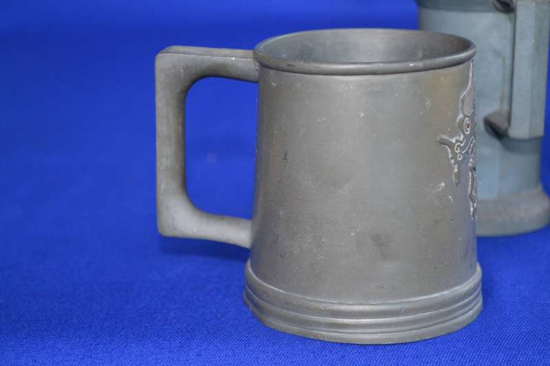 Vintage Set of Two Peltrato 95% Italian Pewter Measuring Cups and Oriental Dragon Pewter Mug
