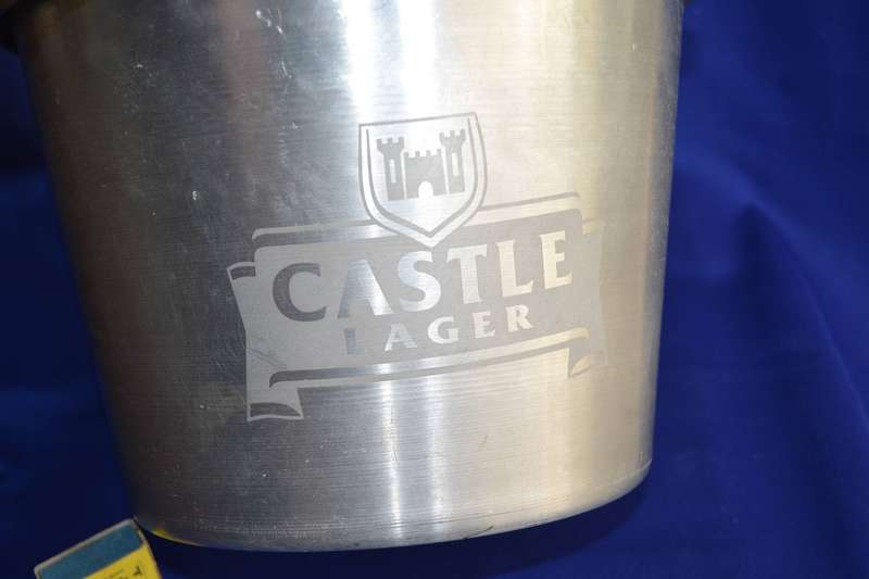 Castle Lager Banded Brushed Aluminium Ice Bucket with Swing Handle - Vintage