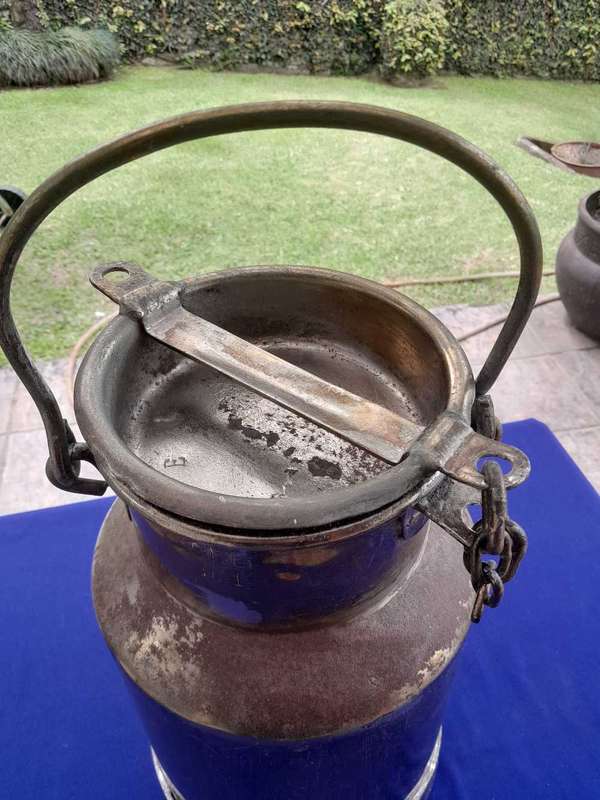 Vintage Farm Style Brass Milk Can with Swing Handle and Chained Lid
