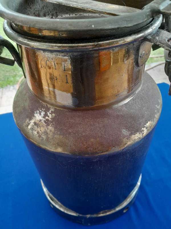 Vintage Farm Style Brass Milk Can with Swing Handle and Chained Lid