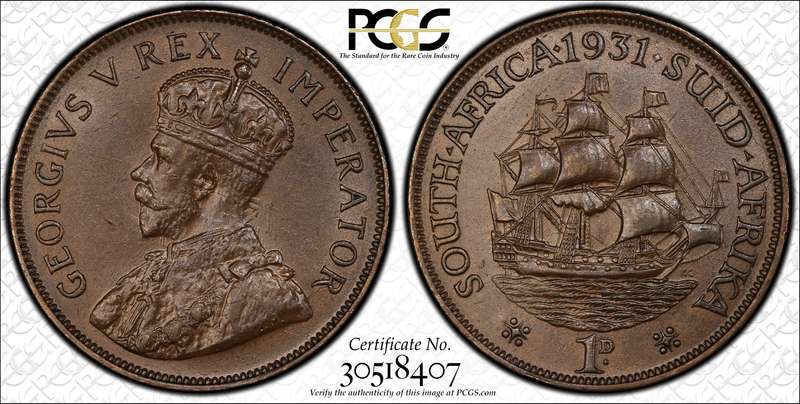 1931 South African 1 penny coin PCGS graded AU58 - Scarce "ear-mast" error variety