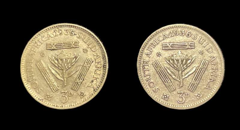Scarce Lot of 2 Nicer 1930's George V SA Union Silver 3 pence (Tickey) coins - 1935 & 1936
