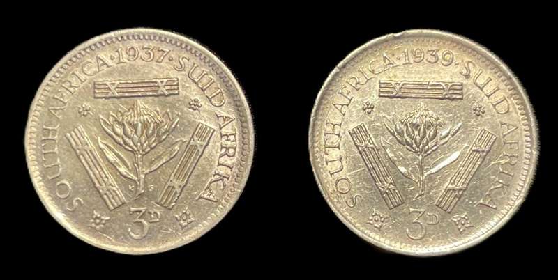 Scarce 1937 & 1939 SA Union Silver 3 pence (Tickey) coins in a Better condition - Lot of 2 coins