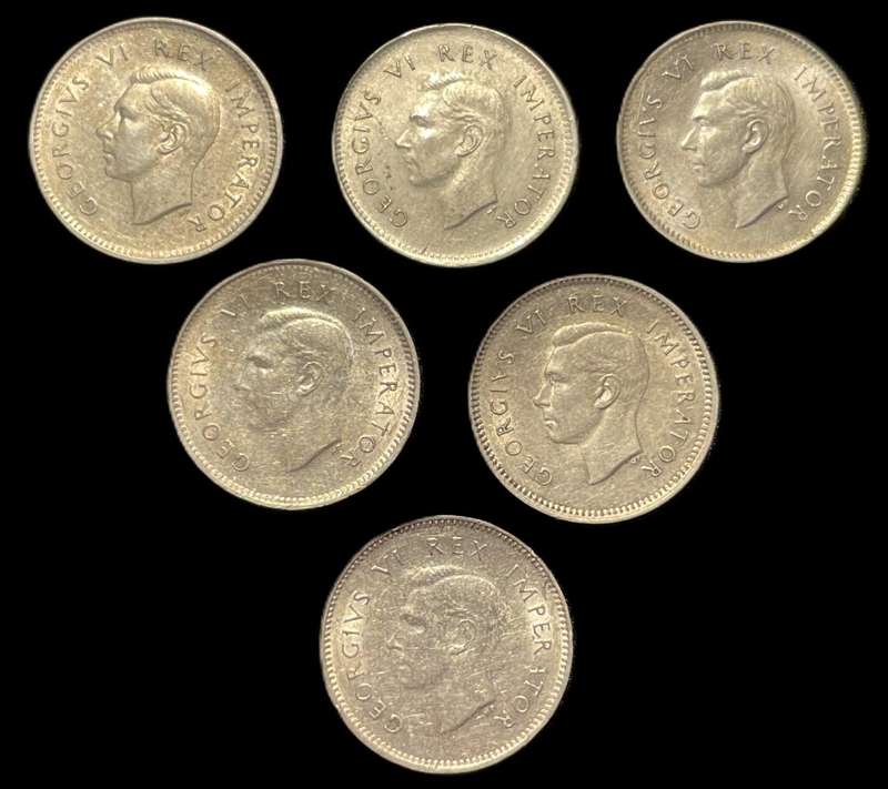 Scarce Complete 1940 - 1945 SA Union Silver 3 pence (Tickey) coin set - All are in a good condition