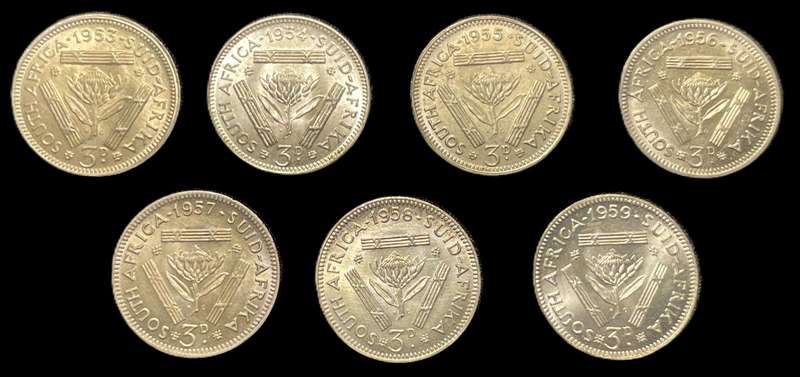 Beautiful complete 1953-1959 SA Union silver 3 pence (tickey) coin set - All are in a good condition
