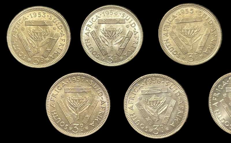 Beautiful complete 1953-1959 SA Union silver 3 pence (tickey) coin set - All are in a good condition