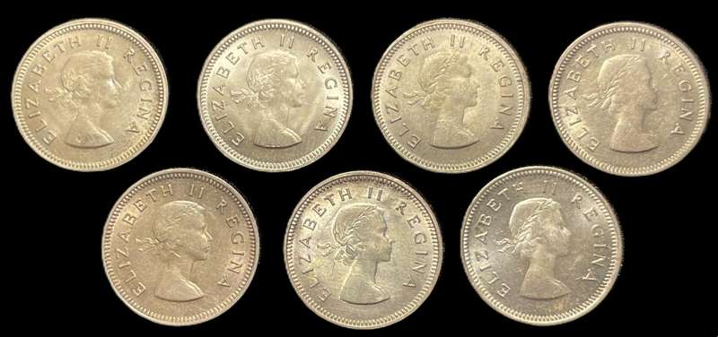 Beautiful complete 1953-1959 SA Union silver 3 pence (tickey) coin set - All are in a good condition