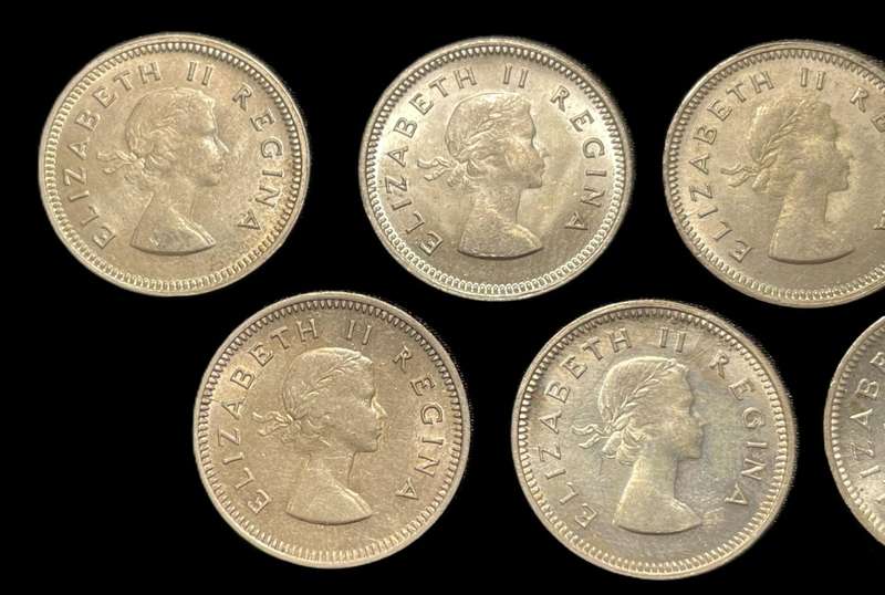 Beautiful complete 1953-1959 SA Union silver 3 pence (tickey) coin set - All are in a good condition