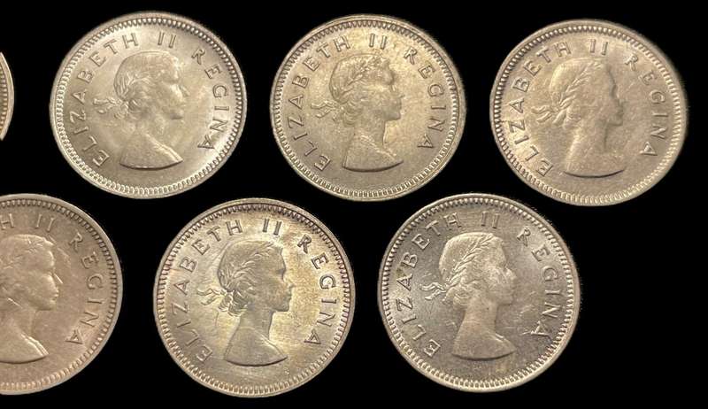 Beautiful complete 1953-1959 SA Union silver 3 pence (tickey) coin set - All are in a good condition