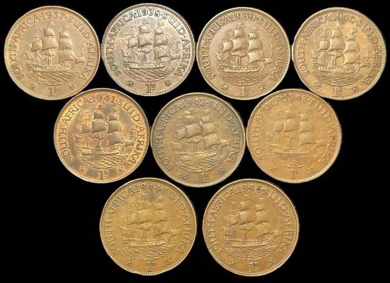 Nicer complete 1937 - 1945 SA Union 1 penny coin set (9 coins) - Some are in a good condition