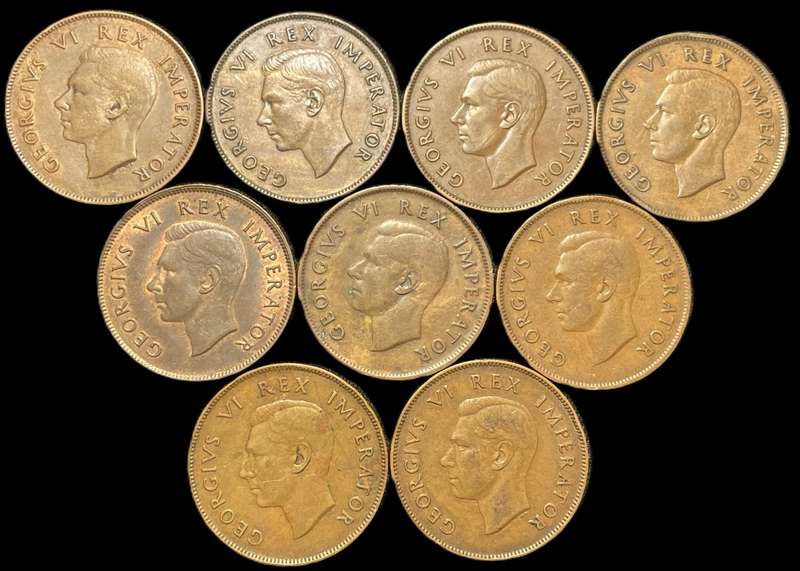 Nicer complete 1937 - 1945 SA Union 1 penny coin set (9 coins) - Some are in a good condition