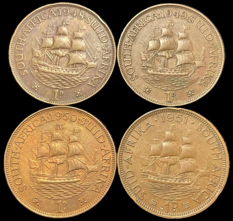 Complete 1948 - 1951 SA Union 1 penny coin set (4 coins) - Good 1950