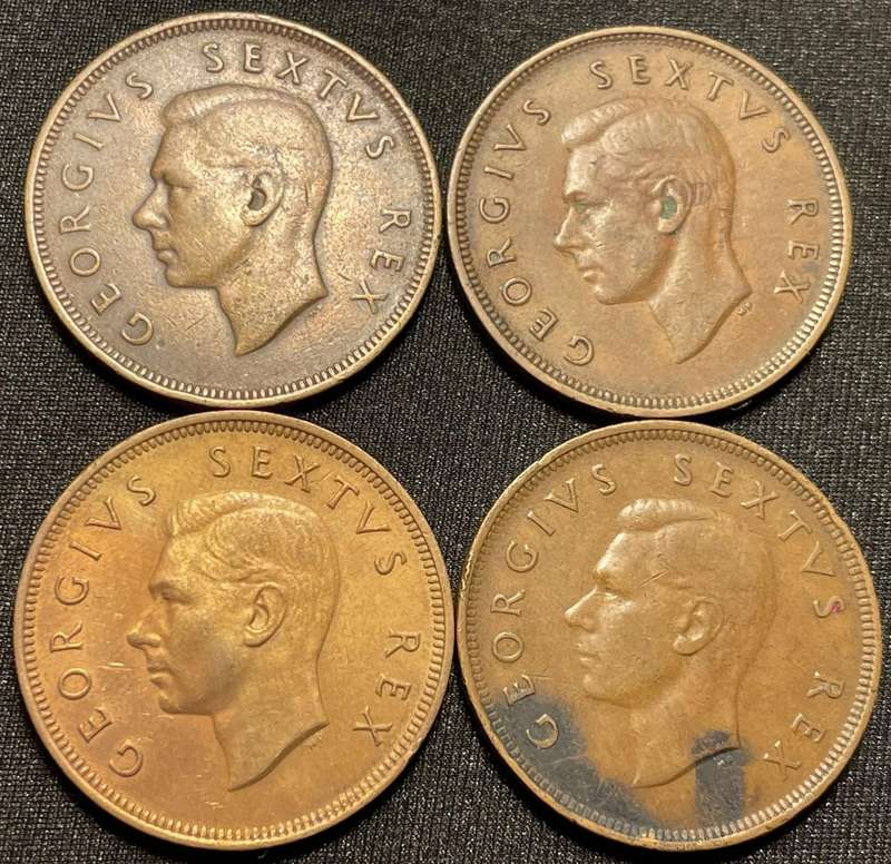 Complete 1948 - 1951 SA Union 1 penny coin set (4 coins) - Good 1950
