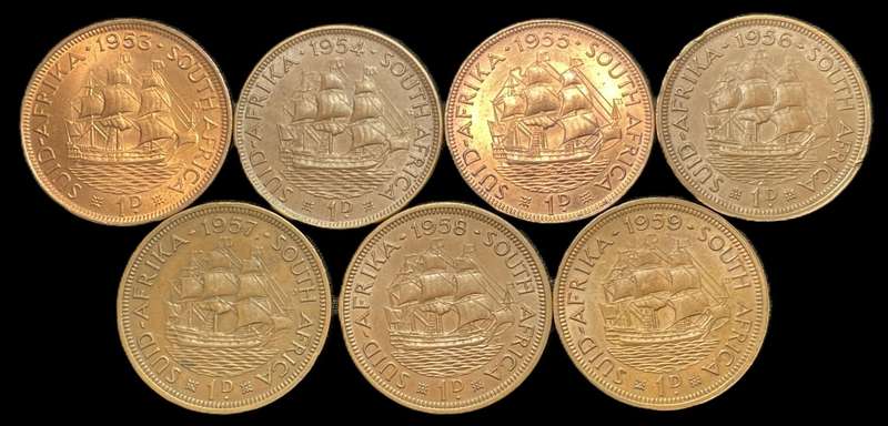 Nicer complete 1953 - 1959 SA Union 1 penny coin set (7 coins) - Some are in a good condition