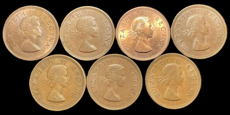 Nicer complete 1953 - 1959 SA Union 1 penny coin set (7 coins) - Some are in a good condition