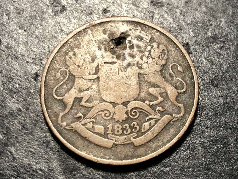 192-years-old British East India Company 1833 Bronze 1/4 anna coin - Paisa (Rare variety)
