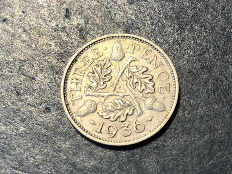 SILVER 1936 British 3 pence (tickey) coin - King George V