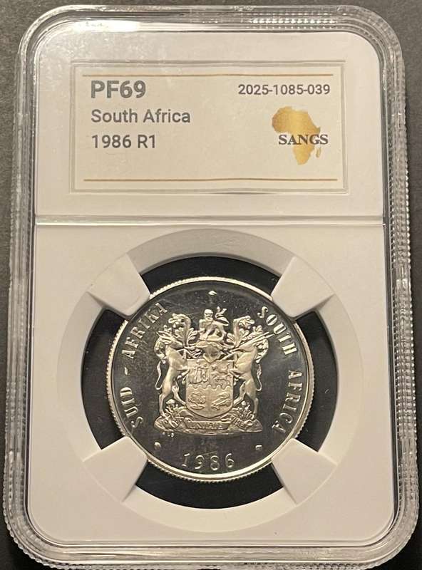 Stunning PF69! 1986 RSA 1 Rand coin in Perfect Proof! - Graded by SANGS (New Holder Type)