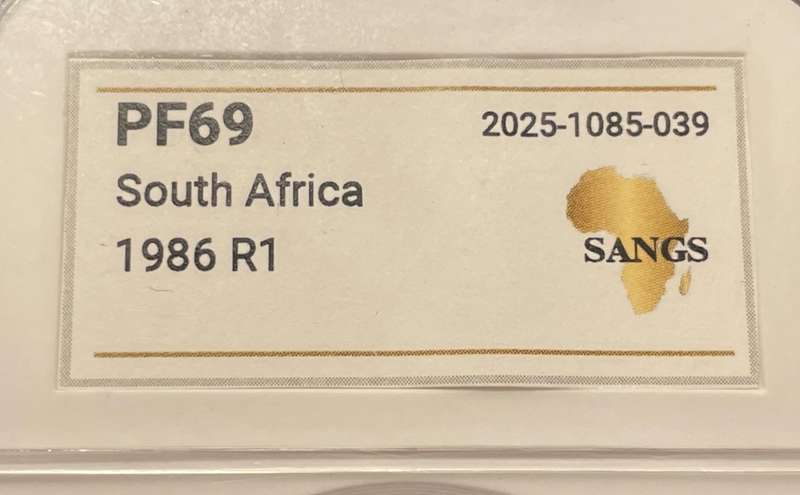Stunning PF69! 1986 RSA 1 Rand coin in Perfect Proof! - Graded by SANGS (New Holder Type)