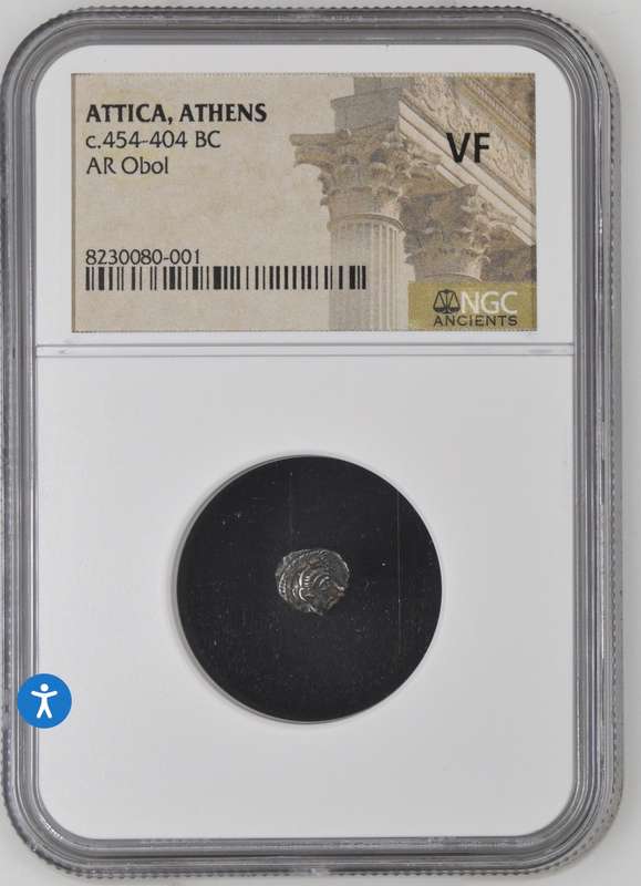 404 BC Ancient Athens Silver Obol (1/6 drachm) coin - Athena and Owl - Very rare and Graded by NGC!