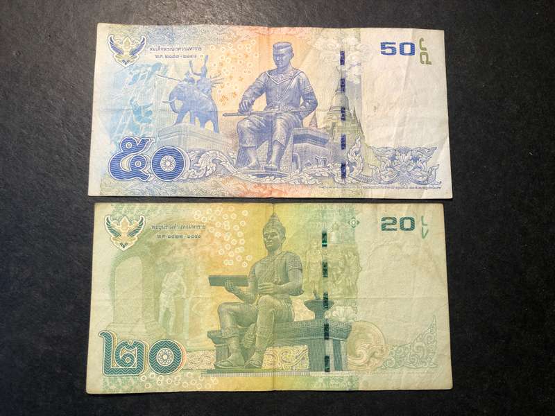 Pair of Modern Thai banknotes - 20 baht and 50 baht - King Rama IX